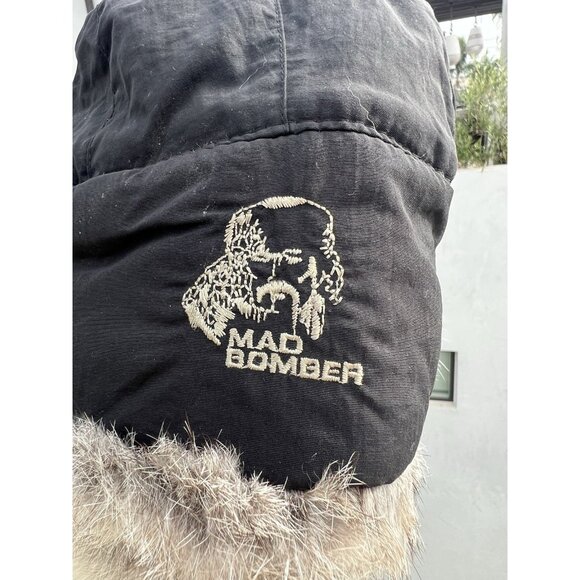 MAD BOMBER black rabbit fur lined nylon trapper hat chin strap quilted hunting L - Picture 4 of 11